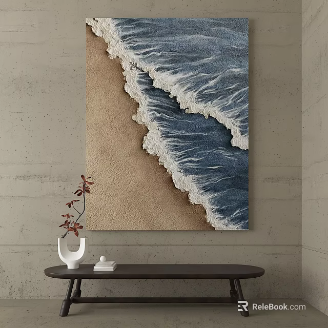 Ocean Wave Wall Art With Sandy Beach And White Vase On Black Table 3d model 
