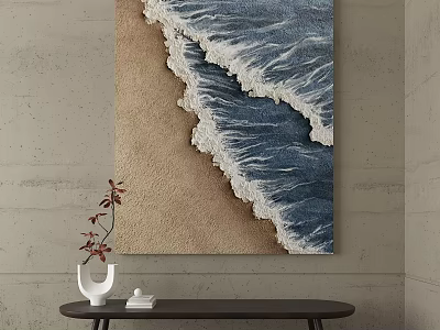 Ocean Wave Wall Art With Sandy Beach And White Vase On Black Table 3d model