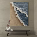 Ocean Wave Wall Art With Sandy Beach And White Vase On Black Table