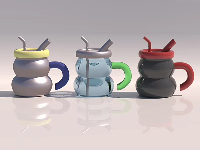 Colorful Stacked Drinking Cups With Straws Handles And Lids For Everyday Use 3d model