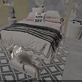Kids Bed With Sleep Slate Pillow Pink Bedding Striped Blanket And Nightstand On Patterned Rug