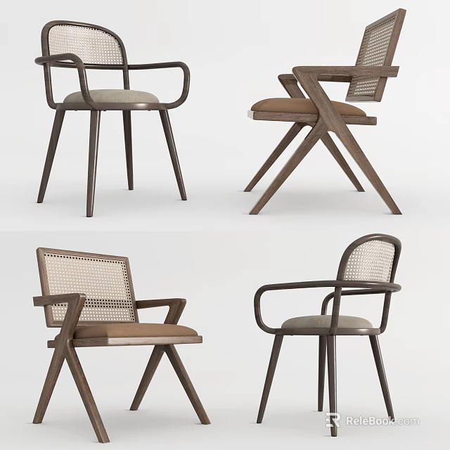 Modern Wooden Dining Chairs With Woven Backrest Armrests And Cross Straight Legs 3d model 