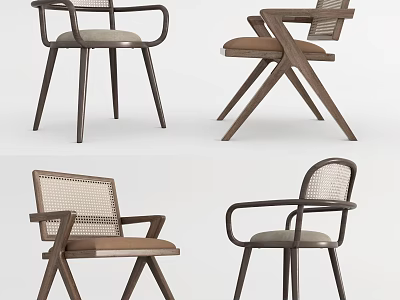 Modern Wooden Dining Chairs With Woven Backrest Armrests And Cross Straight Legs 3d model