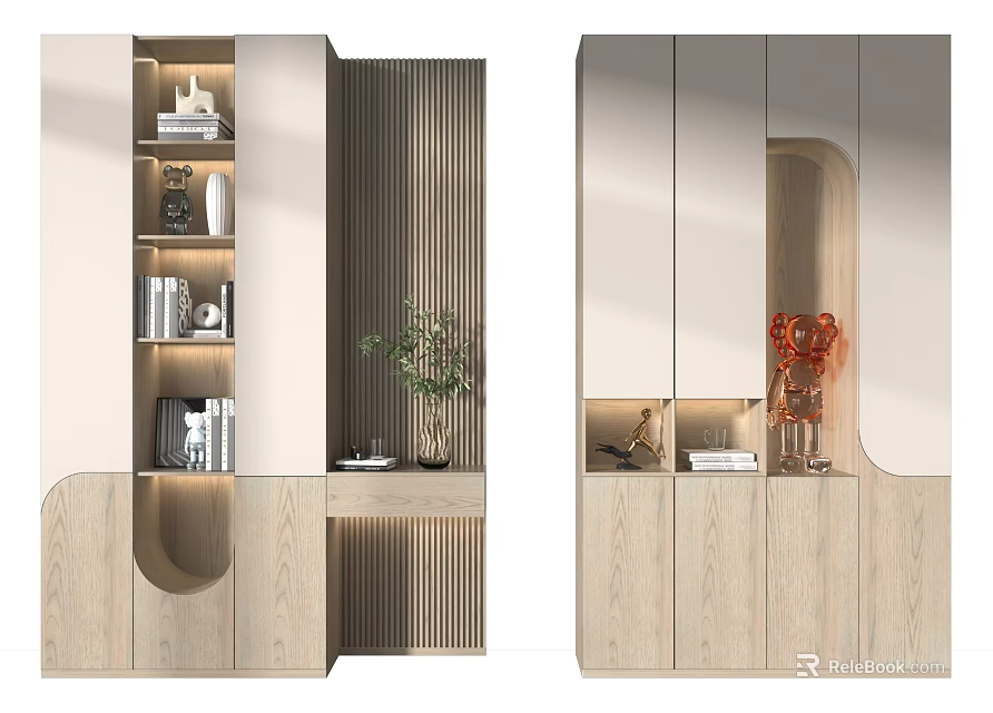 Sleek Modern Light Wood Bookcase With Built In Lighting And Decorative Plants 3d model 