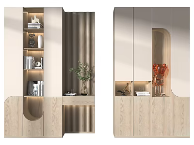 Sleek Modern Light Wood Bookcase With Built In Lighting And Decorative Plants 3d model