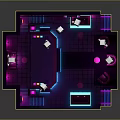 Modern Neon Lit Indoor Scene Featuring Staircases Sofas And Kiss Me Signage