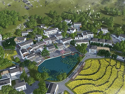 Traditional Scenic Wall In Rural Village With Paddy Field And Pond Landscape 3d model