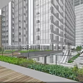 Modern High Rise Office Building with Glass Curtain Walls Rooftop Garden Greenery and Pedestrians