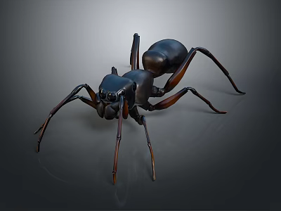 Detailed Black Ant 3D Model With Long Brown Legs On Dark Background 3d model