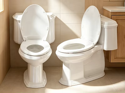 Two White Toilets in Modern Bathroom With Tiled Wall and Wooden Cabinet 3d model