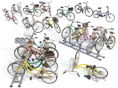 Colorful Bicycles With Baskets In Assorted Styles And Designs On 3d model