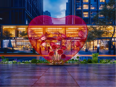Heart Shaped Red Inflatable Decoration In Outdoor Square With Modern Buildings And Flowers 3d model