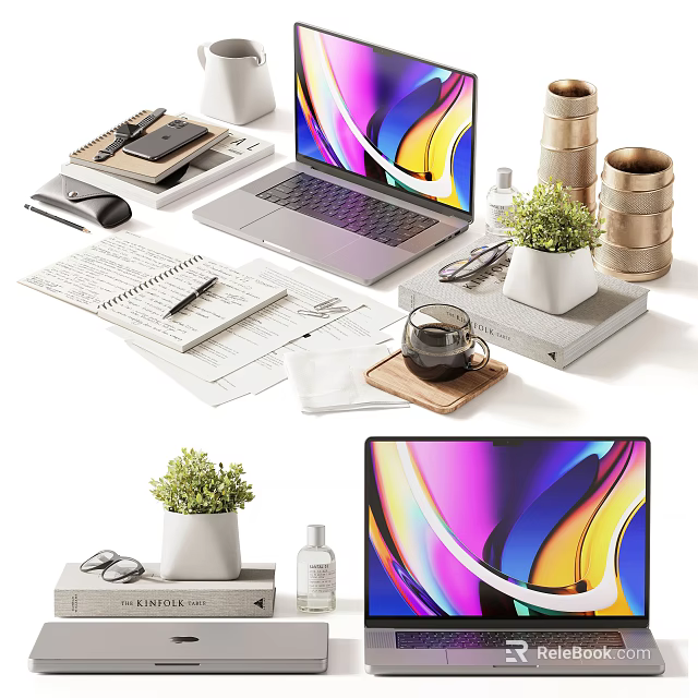 Modern Desk Setup With Laptop Notebook Coffee Cup And Potted Plant 3d model 
