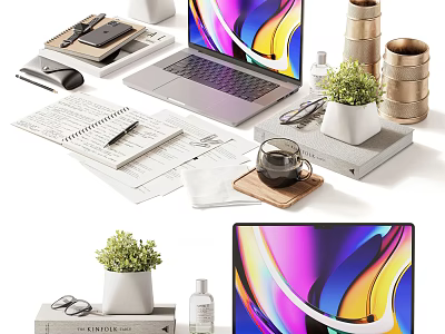 Modern Desk Setup With Laptop Notebook Coffee Cup And Potted Plant 3d model