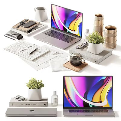 Modern Desk Setup With Laptop Notebook Coffee Cup And Potted Plant 3d model
