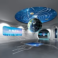 Modern HUAWEI Technology Exhibition Hall With Digital Display Screens Exhibition Counters And Ceiling Lights