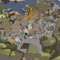 Cartoon Style Scenic Landscape With Rocky Hills Trees And Small Houses