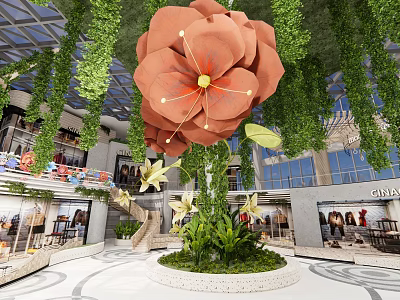 Mall Atrium Interior With Large Orange Flower Green Hanging Vines And Circular Plant Base 3d model
