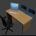 Wooden Office Desk With Computer Monitor Keyboard Mouse Two Blue Chairs And Black Office Chair