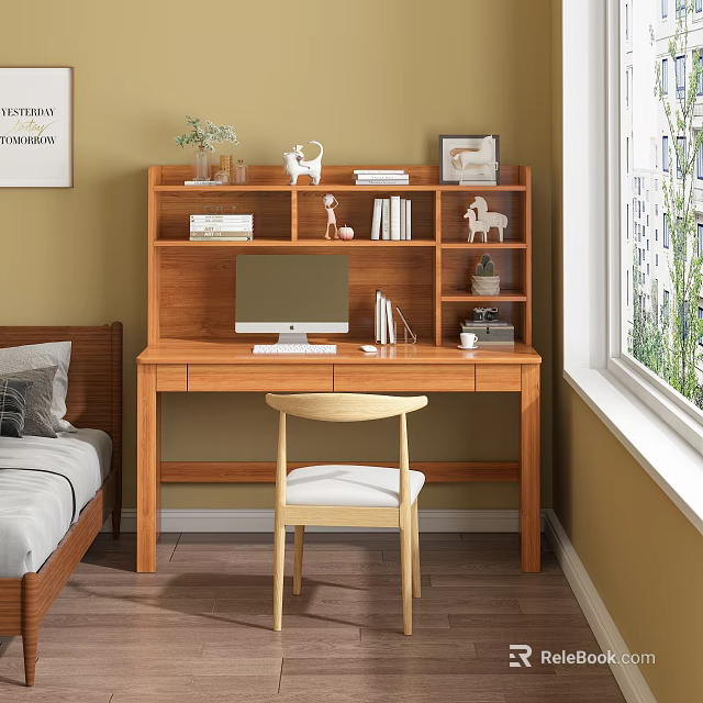 Cozy Wooden Desk With Bookshelf Computer Books Decorations Chair And Window For Natural Light 3d model 