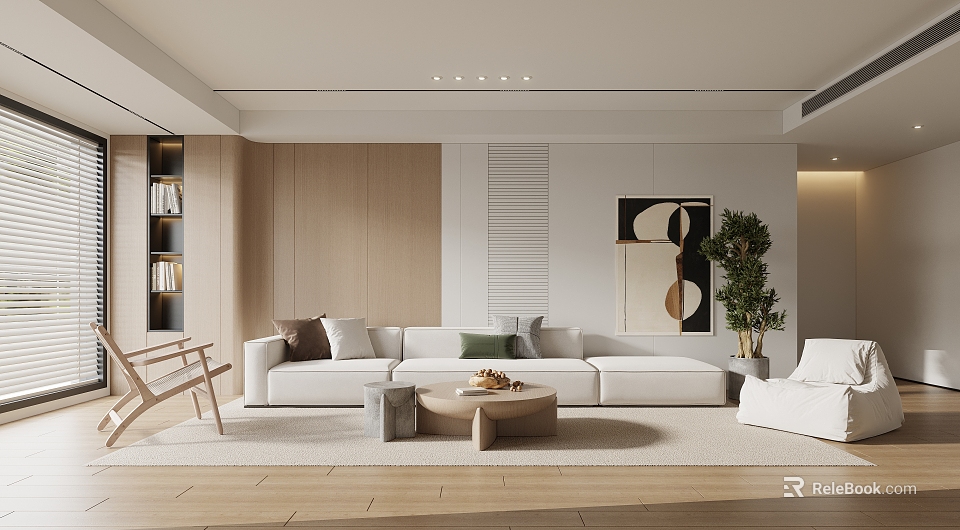 Modern Living Room Interior Design With White Sofa Wooden Wall And Green Plant 3d model 