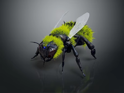 Detailed Green Fuzzy Bee With Black Body Transparent Wings And Blue Eyes 3d model