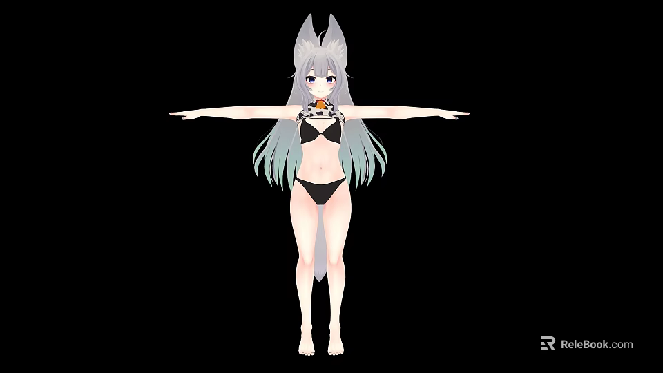 Woman With Fox Ears Tail Silver Gray Long Hair Black Bikini Arms Outstretched Black Background 3d model 
