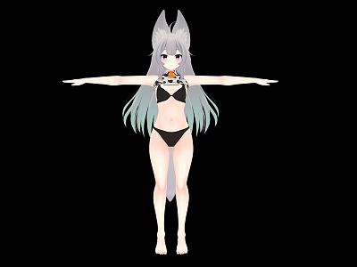 Woman With Fox Ears Tail Silver Gray Long Hair Black Bikini Arms Outstretched Black Background 3d model