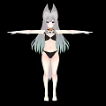 Woman With Fox Ears Tail Silver Gray Long Hair Black Bikini Arms Outstretched Black Background