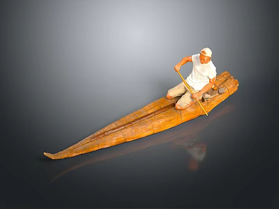 Traditional Wooden Boat With Person Rowing Using Oar On Calm Water 3d model