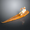 Traditional Wooden Boat With Person Rowing Using Oar On Calm Water