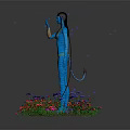 Blue Skinned Fantasy Movie Character Standing Amidst Colorful Flowers With Spear And Butterflies