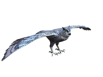 Flying Owl With Blue And Gray Feathers Outstretched Wings And Sharp Claws 3d model