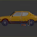 Yellow Old Car With White Stripes And Rusty Body Near Blue Toolbox