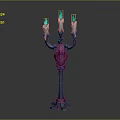 Ornate Red Candelabra With Three Arms And Blue Green Flaming Candles