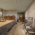 Traditional Rustic Interior With Earthen Walls Wooden Table Benches Clay Pots And Woven Baskets