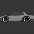 White Modified Car with Black Rear Spoiler Wide Fenders Orange Headlights and Hood Air Intakes