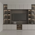 Modern TV Cabinet Design With White Dark Wood Open Shelves LED Lighting And Potted Plant