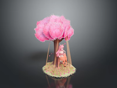 Game Movie Character Sitting On Swing Under Pink Blossom Tree With Green Grass 3d model