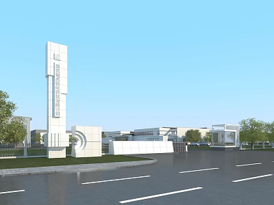 Modern Entrance Gate With Tall Signboard White Pillars And Roadside Landscaping Design 3d model