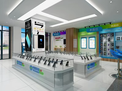 Modern Digital Store with Various Smartphones in Glass Display Cases and Bright Interior 3d model