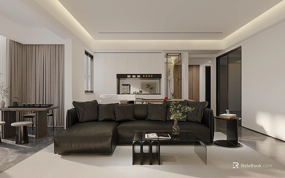 Modern Living And Dining Room Interior With Dark Brown Sofa Coffee Table And Green Plant 3d model 
