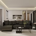 Modern Living And Dining Room Interior With Dark Brown Sofa Coffee Table And Green Plant