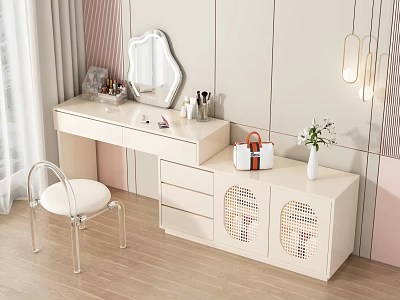 Light Colored Dressing Table With Mirror Chair Makeup Items And Grid Patterned Storage Cabinets 3d model