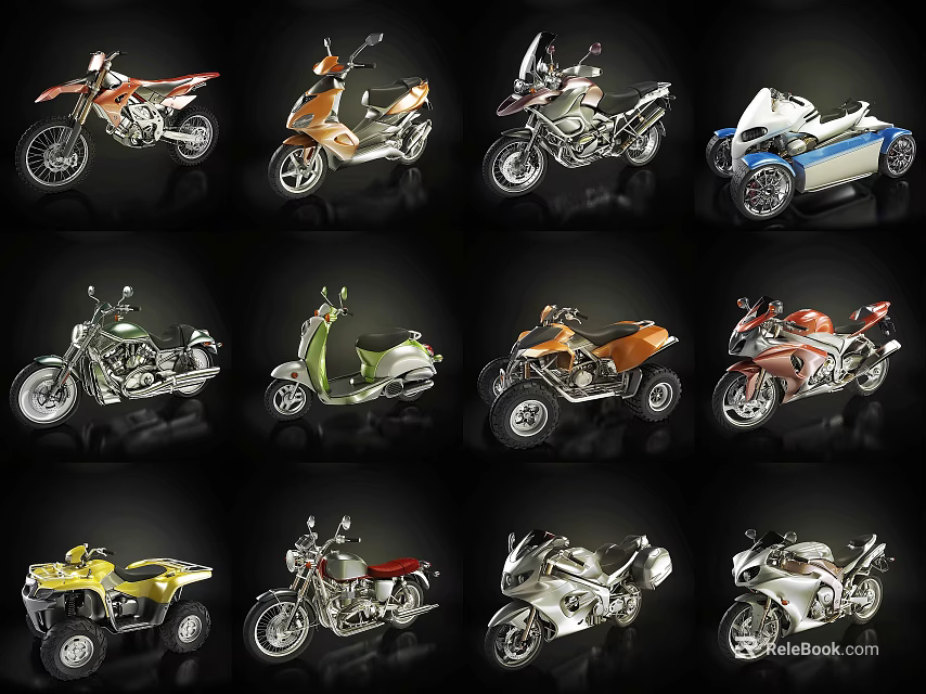 Diverse Motorcycle Collection Featuring Cruisers OffRoad Bikes and Scooter Models 3d model 