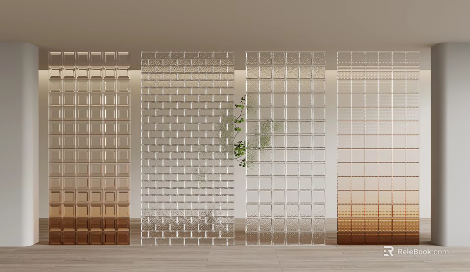 Glass Room Dividers With Different Grid Patterns And Green Plant Decoration 3d model 