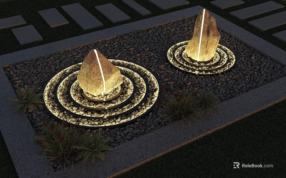 Stone Shaped Outdoor Lights With Circular Ring Design In Garden Gravel And Plants 3d model 