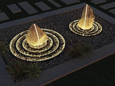 Stone Shaped Outdoor Lights With Circular Ring Design In Garden Gravel And Plants 3d model