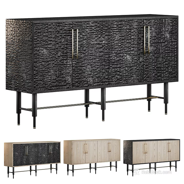 Modern Black Console Cabinet With Textured Surface Gold Handles And Metal Legs 3d model 