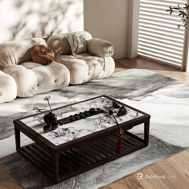 Wooden Frame Coffee Table With Patterned Surface And Decorative Items Near Soft Sofa 3d model